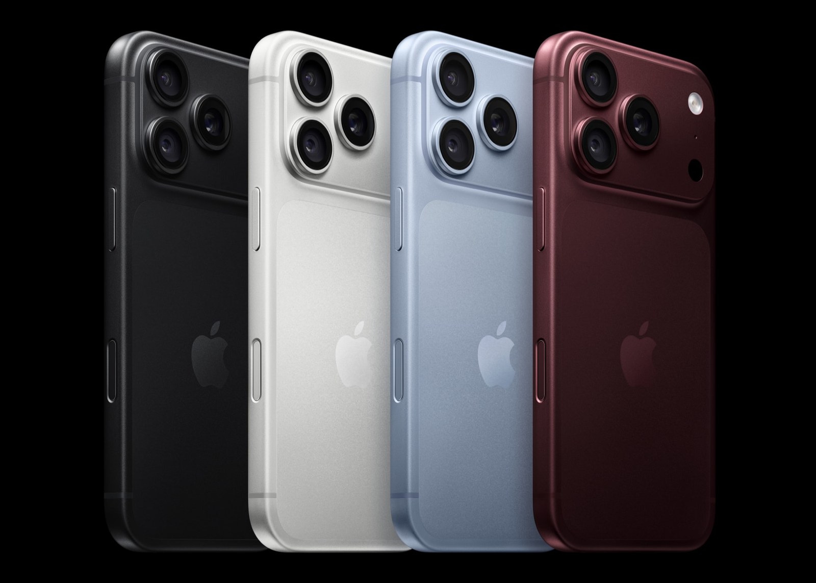 Rear views of iPhone 18 Pro in black, silver, glacier and burgundy