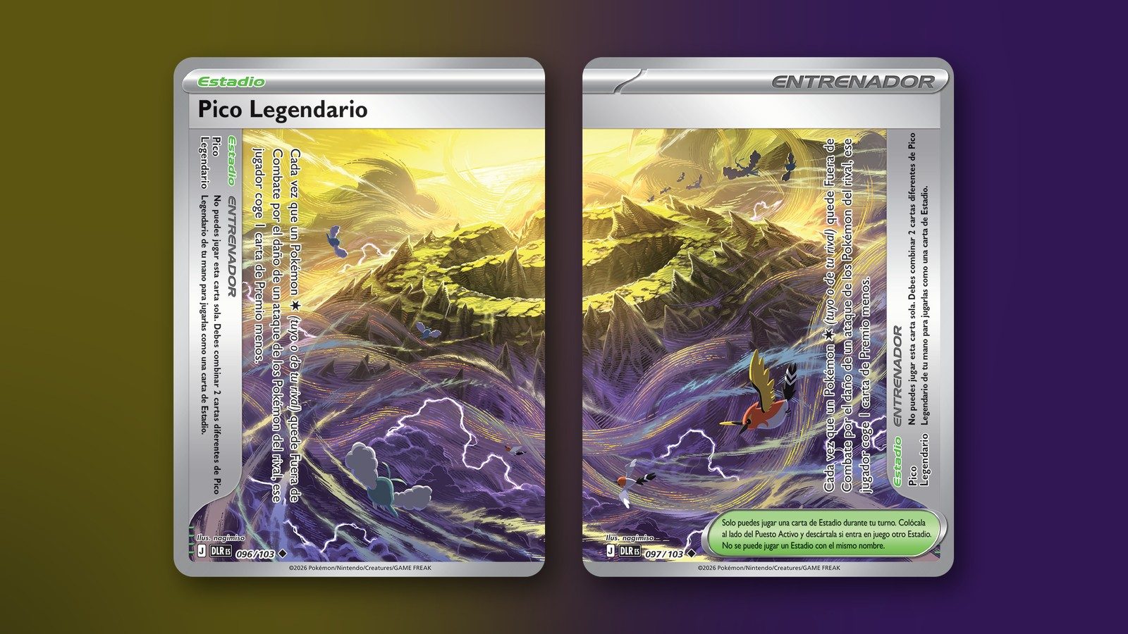 The two Legendary Peak cards, 096/103 and 097/103, side by side: their artwork forms a single panorama of mountains and storm