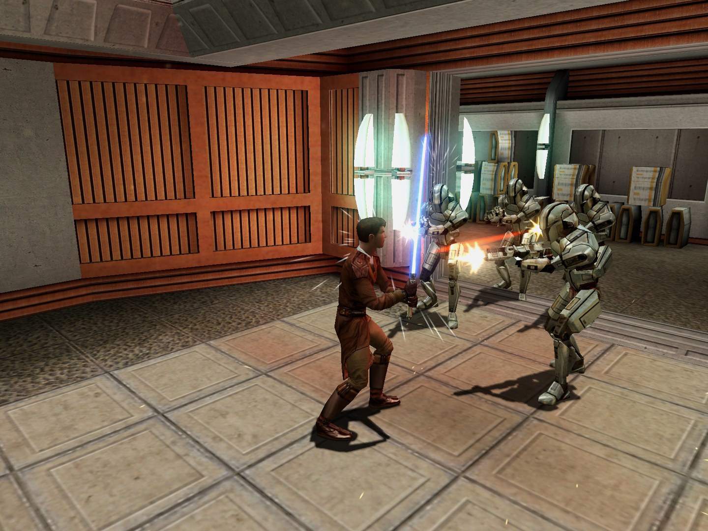 Combate con sable de luz en el pasillo de una nave en Star Wars: Knights of the Old Republic