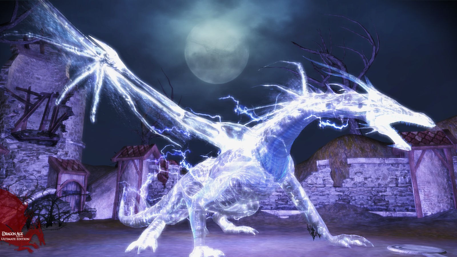 A white dragon in Dragon Age: Origins spreads its wings under a blue night sky