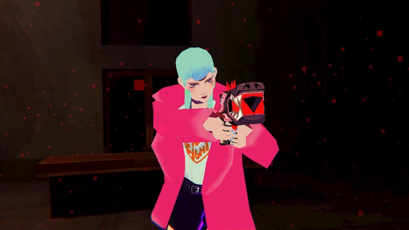 Michelle, con abrigo rosa y pelo turquesa, apunta con un arma de aspecto demoníaco en un callejón oscuro de Sorry We're Closed