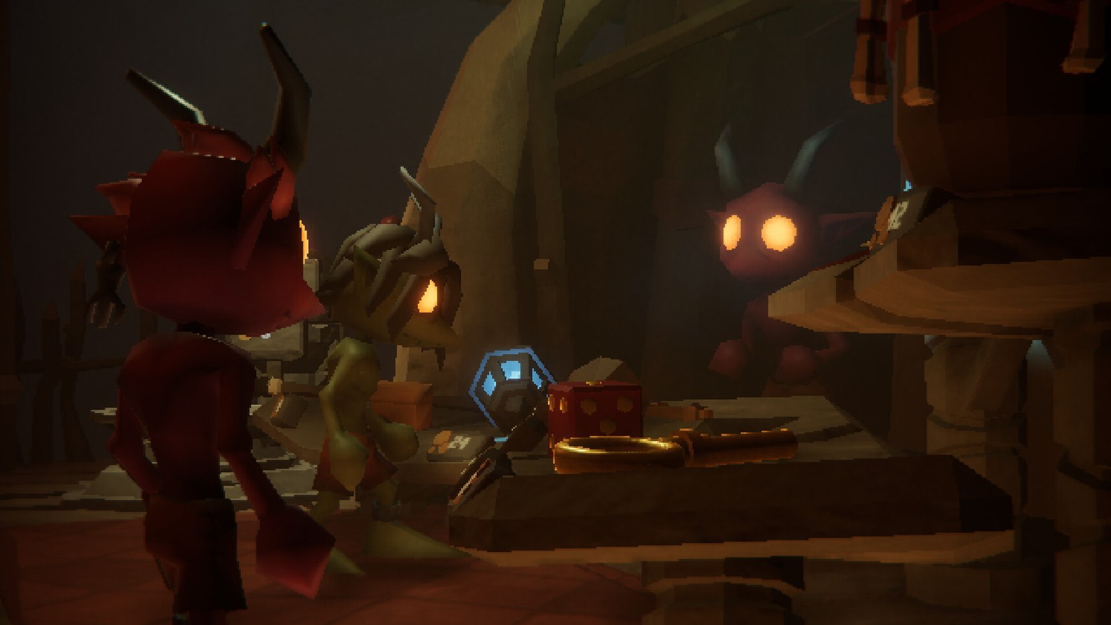 Varios goblins rodean una mesa con un cofre y una lámpara azul en una cueva oscura de Pit of Goblin