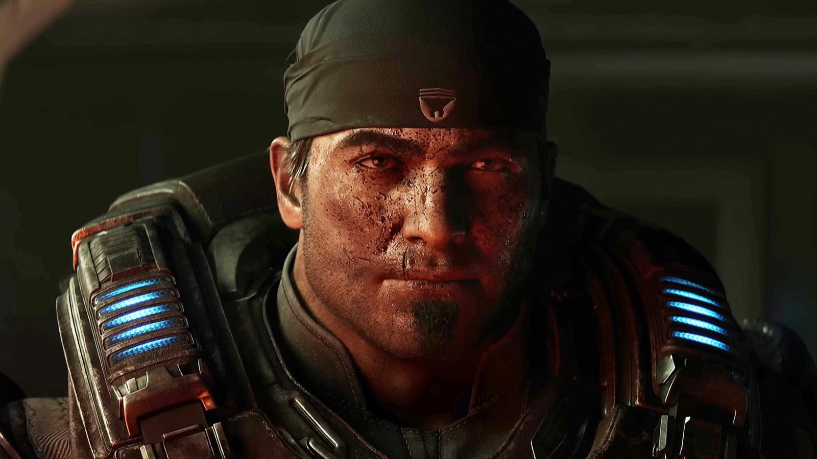 Marcus Fenix covered in dirt in Gears of War E-Day