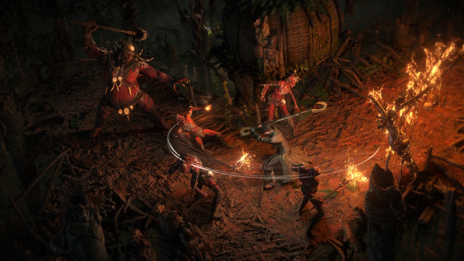A warrior fights a group of enemies in Path of Exile 2