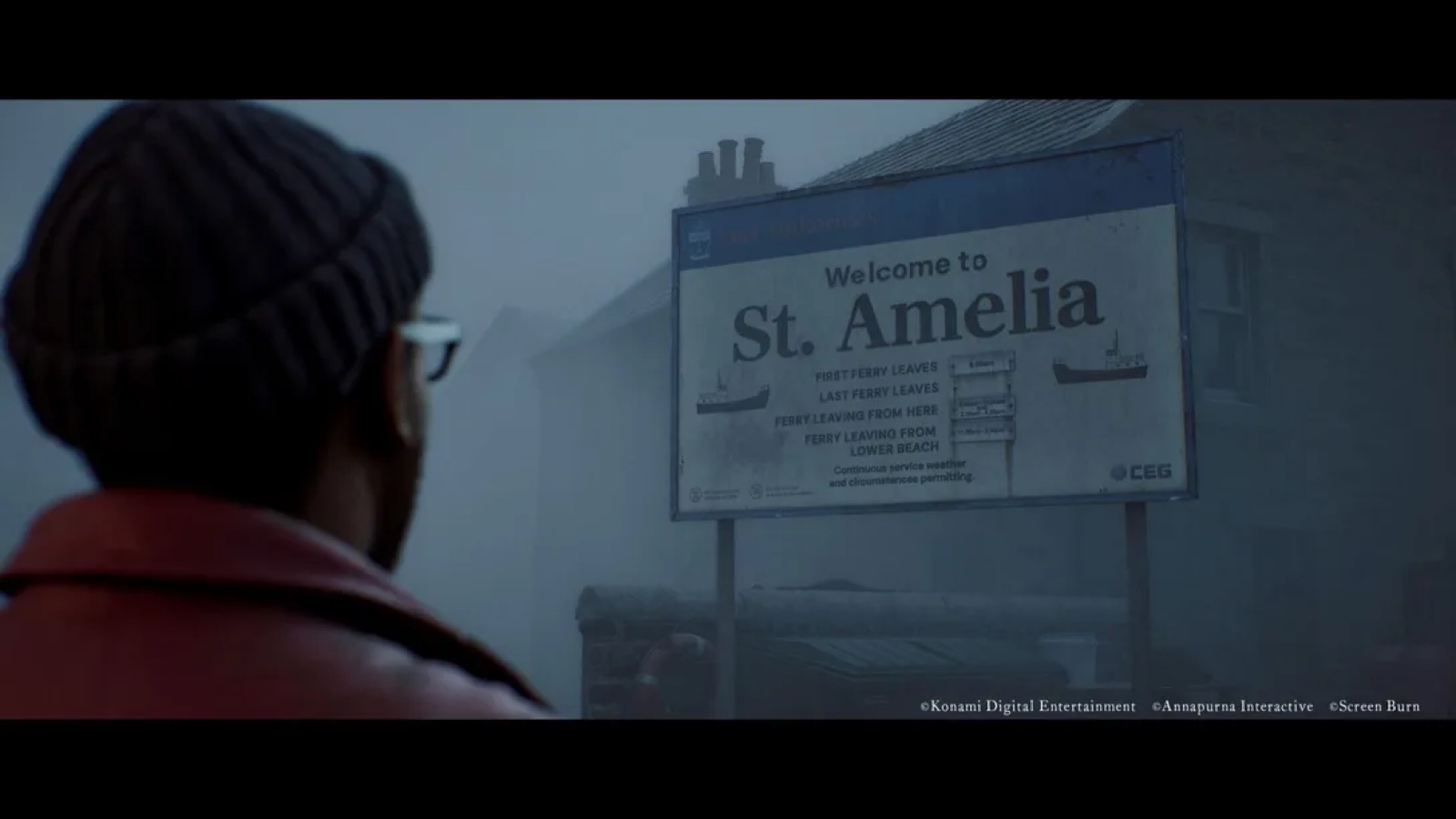 Welcome to St. Amelia sign in the fog of Silent Hill Townfall