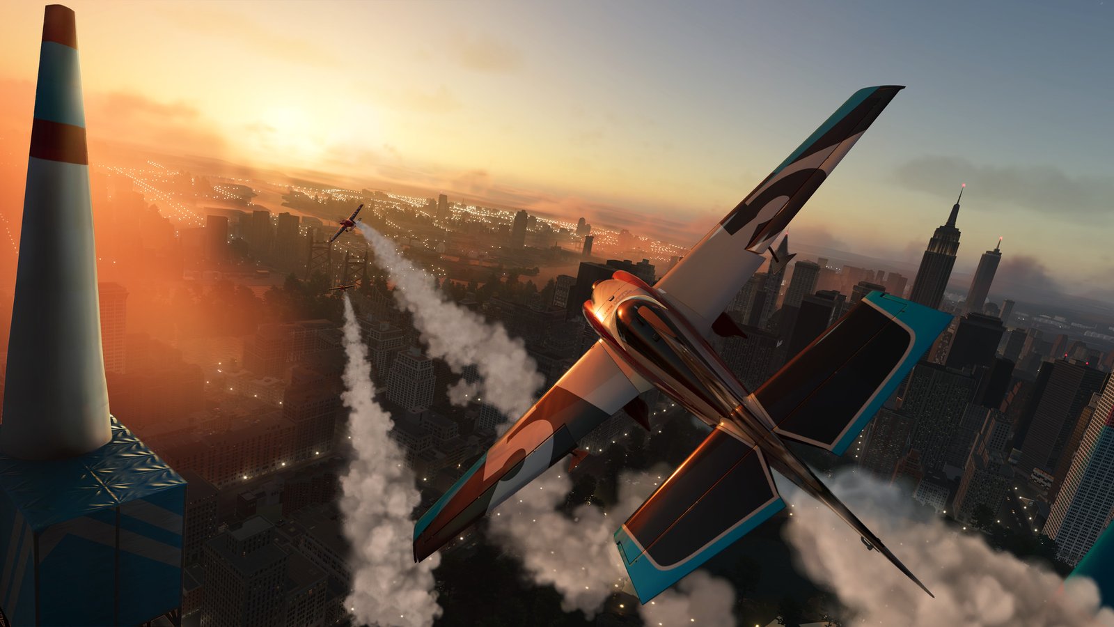 Un avión acrobático sobrevuela una ciudad al atardecer en The Crew 2