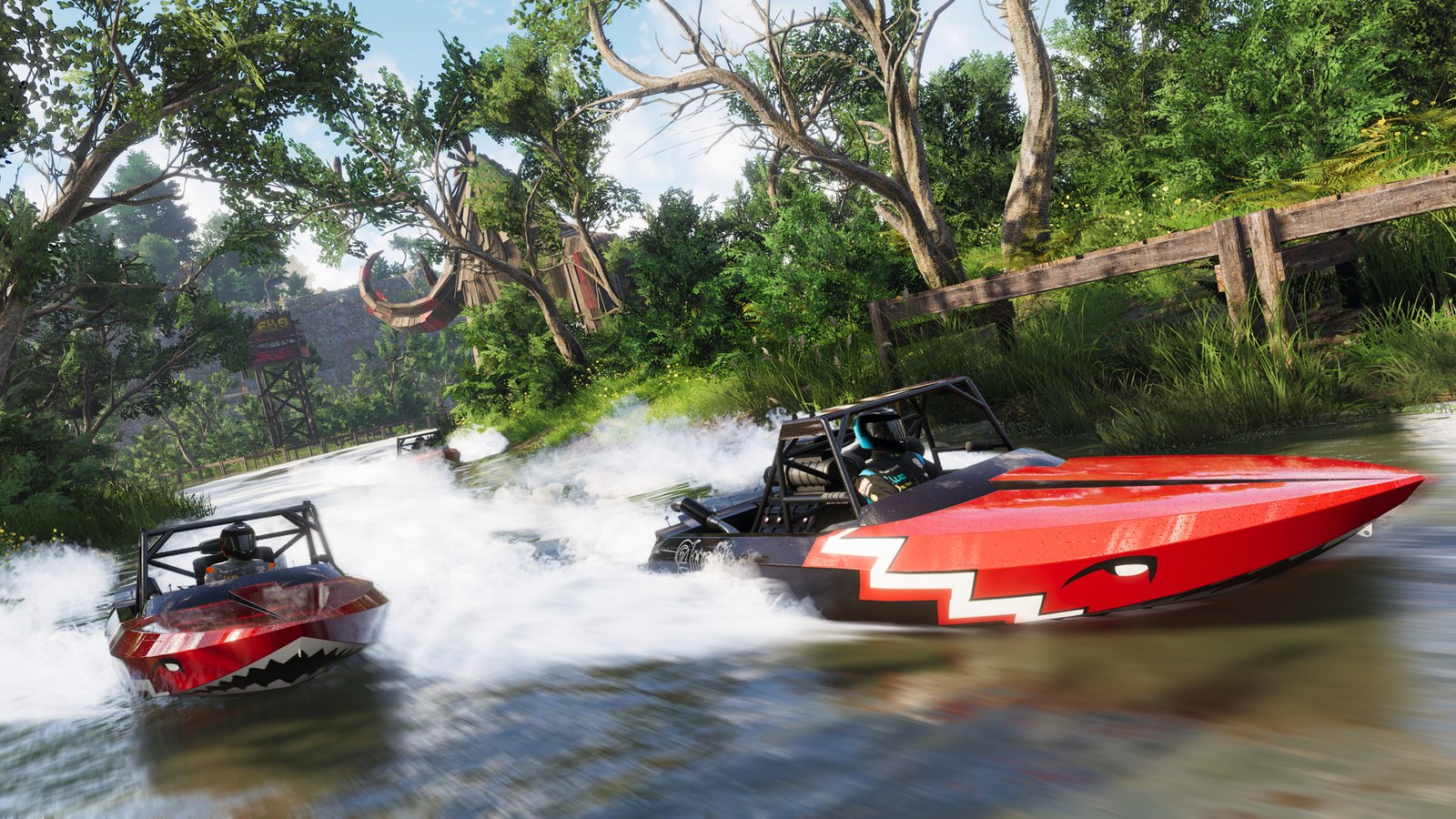Lanchas de competición recorren un río rodeado de vegetación en The Crew 2