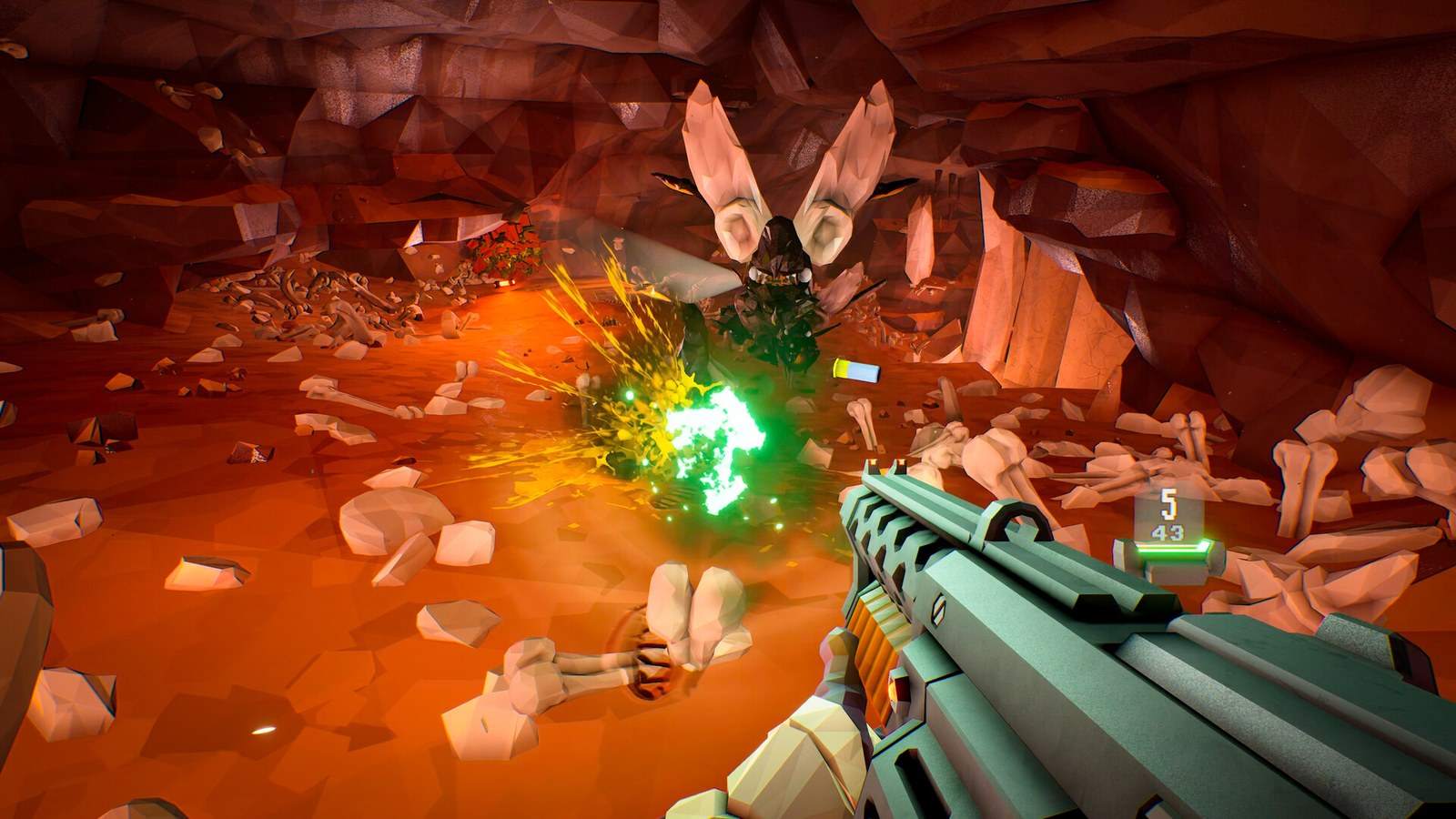 Un minero de Deep Rock Galactic dispara a un insecto alienígena brillante dentro de una cueva anaranjada