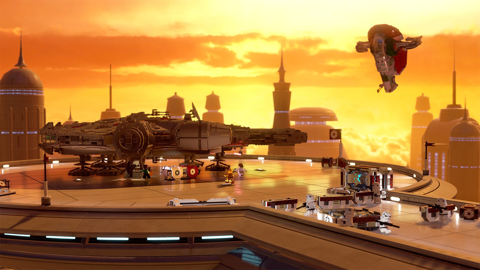 A city in LEGO Star Wars: The Skywalker Saga at sunset, with a ship flying over the buildings