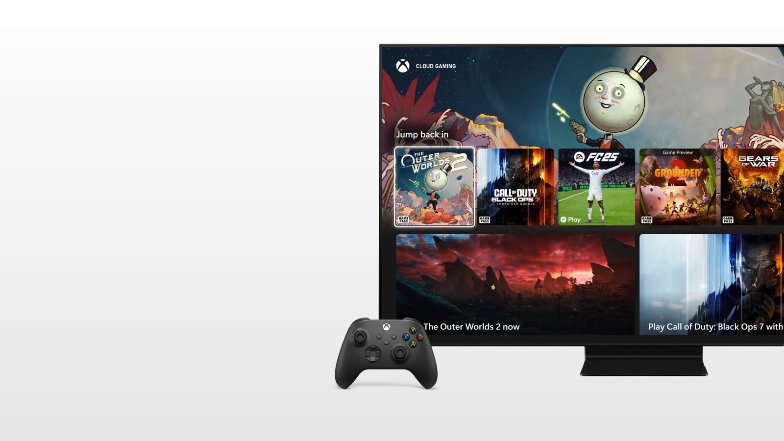 Aplicación de Xbox en una televisión junto a un mando inalámbrico