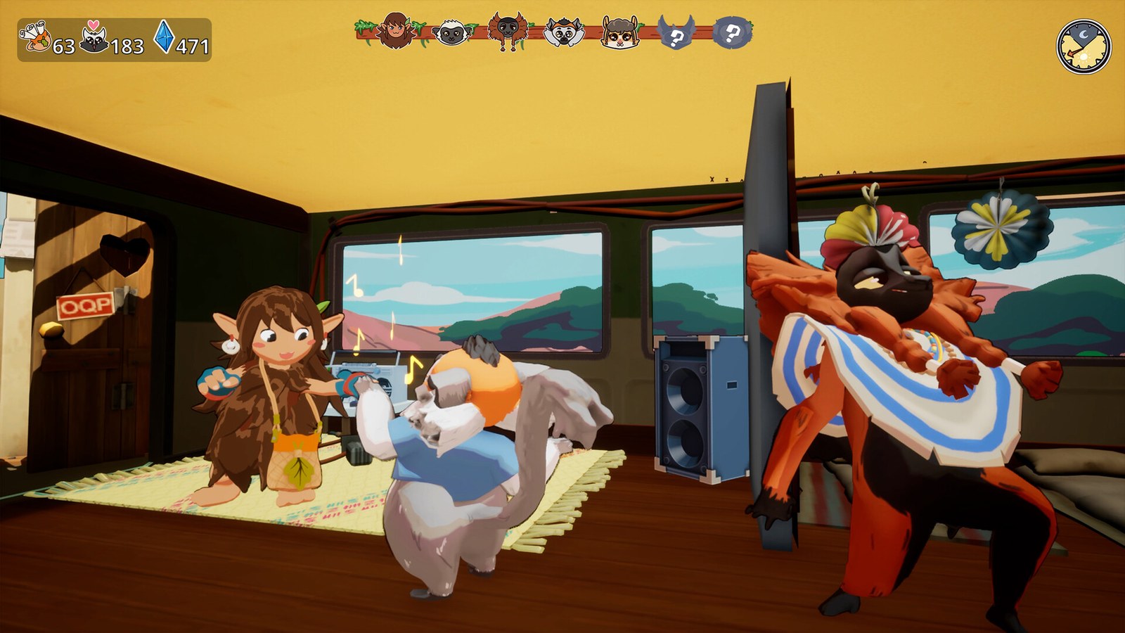 Musicians gathered inside the Kalanoro tour bus