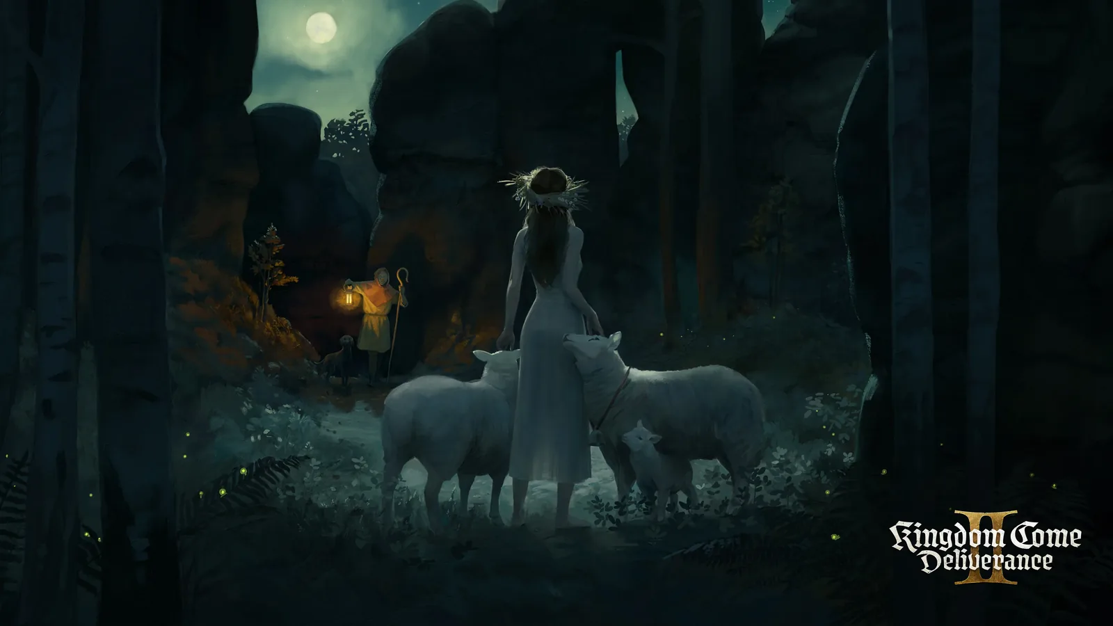 A shepherd and his flock cross a moonlit forest in official Kingdom Come Deliverance II artwork