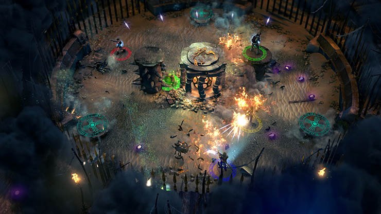 Captura de Lara Croft and the Temple of Osiris con cuatro jugadores en una arena llena de trampas