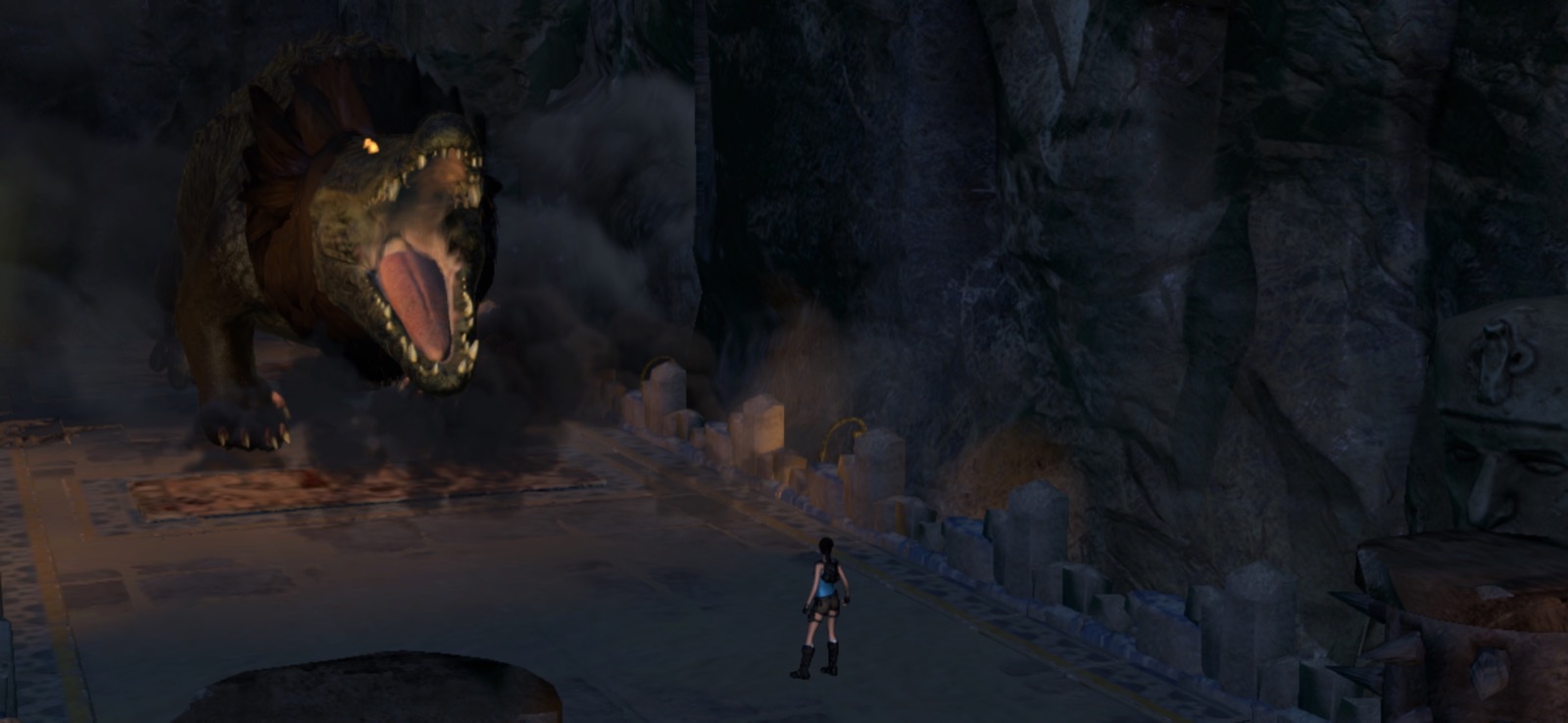 Lara Croft facing a gigantic creature in Temple of Osiris on mobile