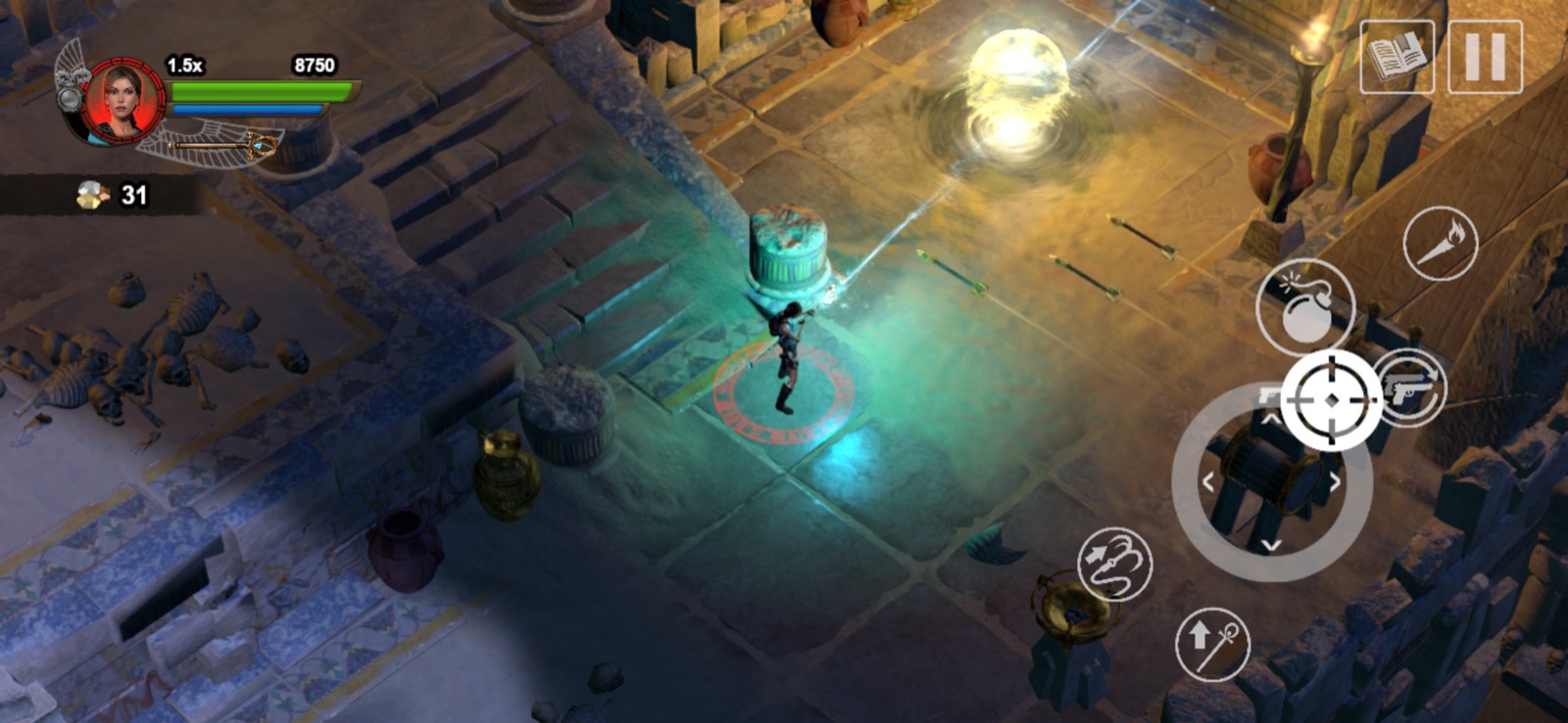 Lara utiliza un haz de luz para resolver uno de los puzles del templo