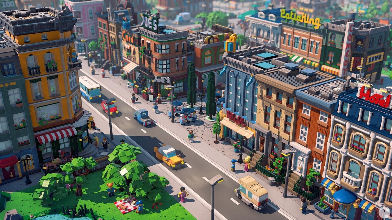 A LEGO Skylines street with buildings, traffic, shops and a park