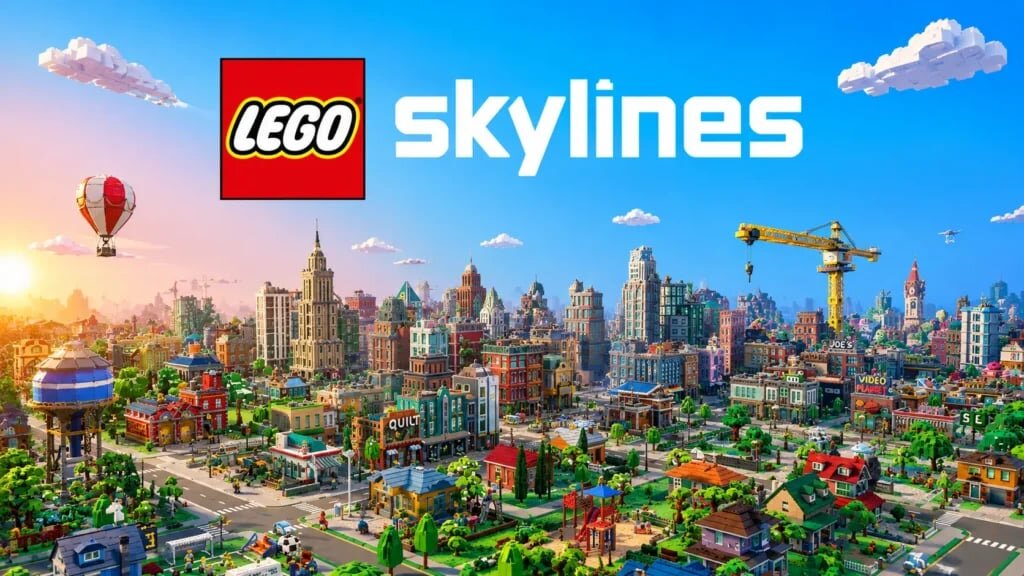 A LEGO Skylines city panorama beneath the game's logo