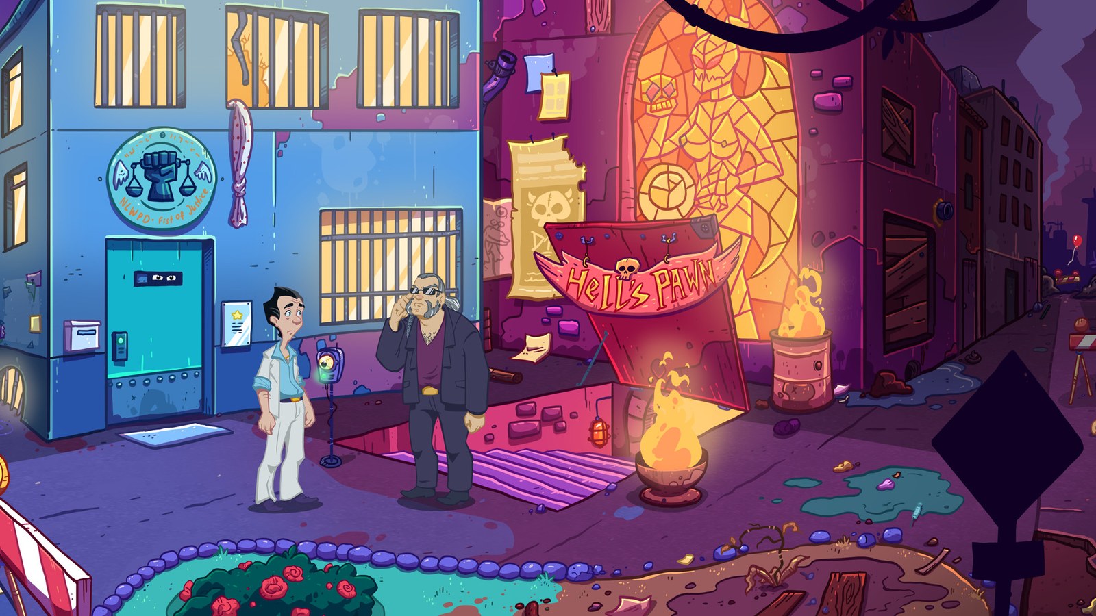 Larry and a guard outside an entrance in Wet Dreams Don’t Dry