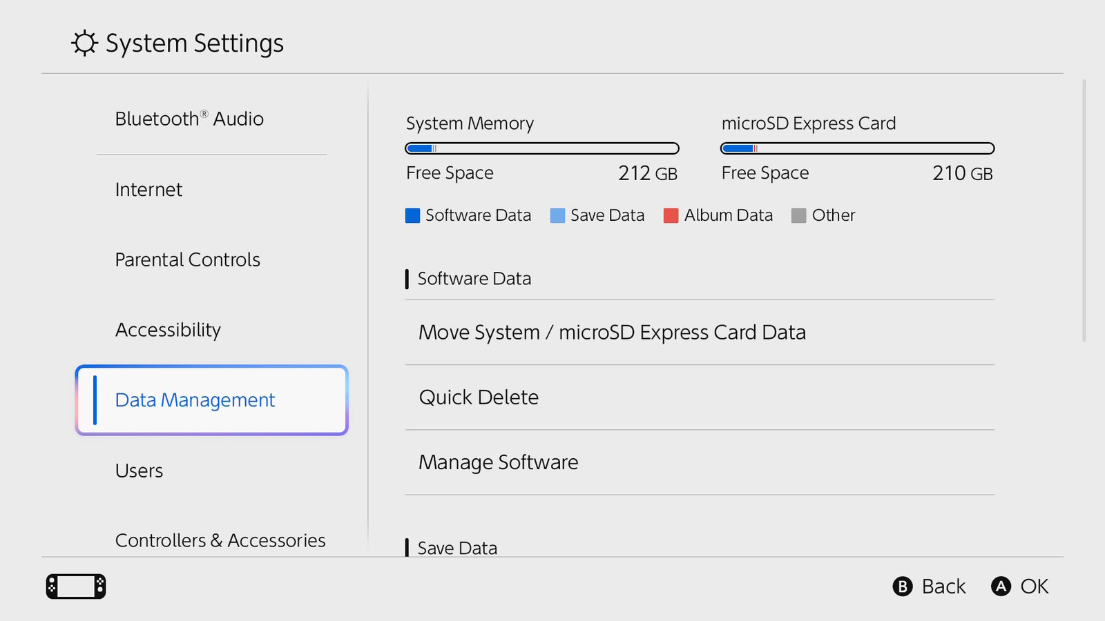 Pantalla Gestión de datos de Switch 2, en inglés, con el espacio libre de la memoria de la consola y de la microSD Express arriba