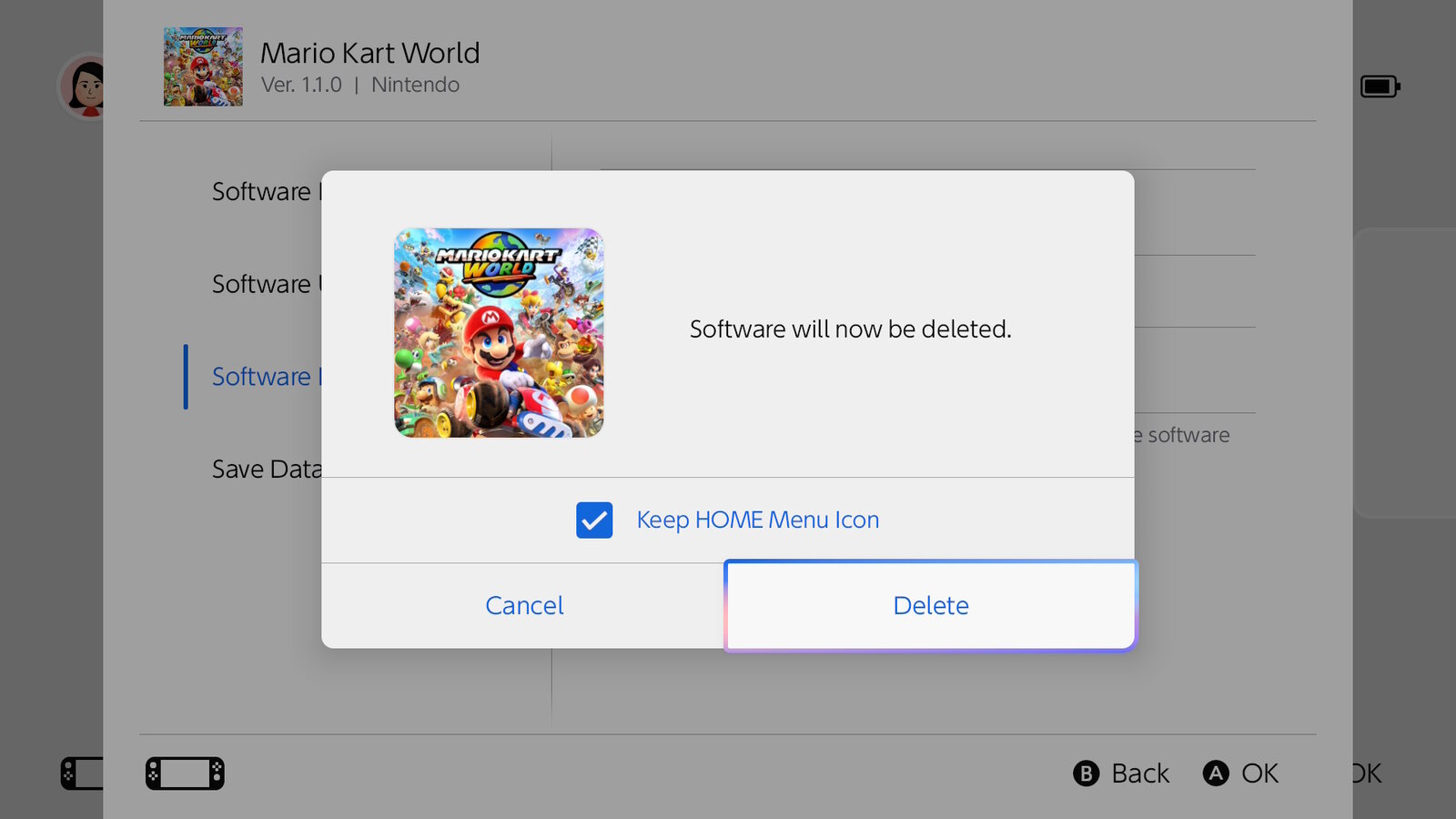 Confirmación para borrar Mario Kart World en Switch 2, en inglés, con la casilla marcada para conservar el icono en el menú HOME