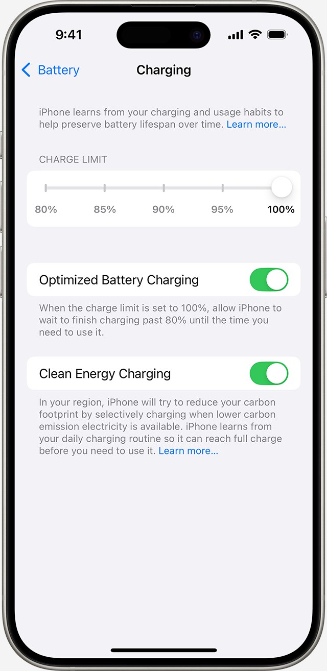 Official iPhone Charge Limit settings screen, English interface