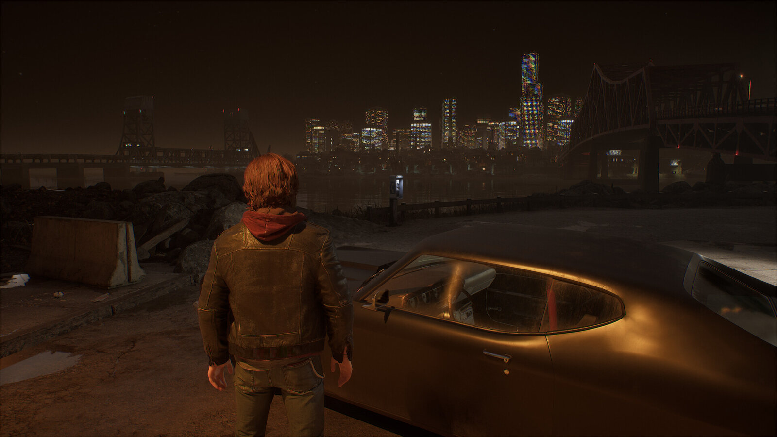 Samson standing by a parked car at night with Tyndalston's lit skyline behind him
