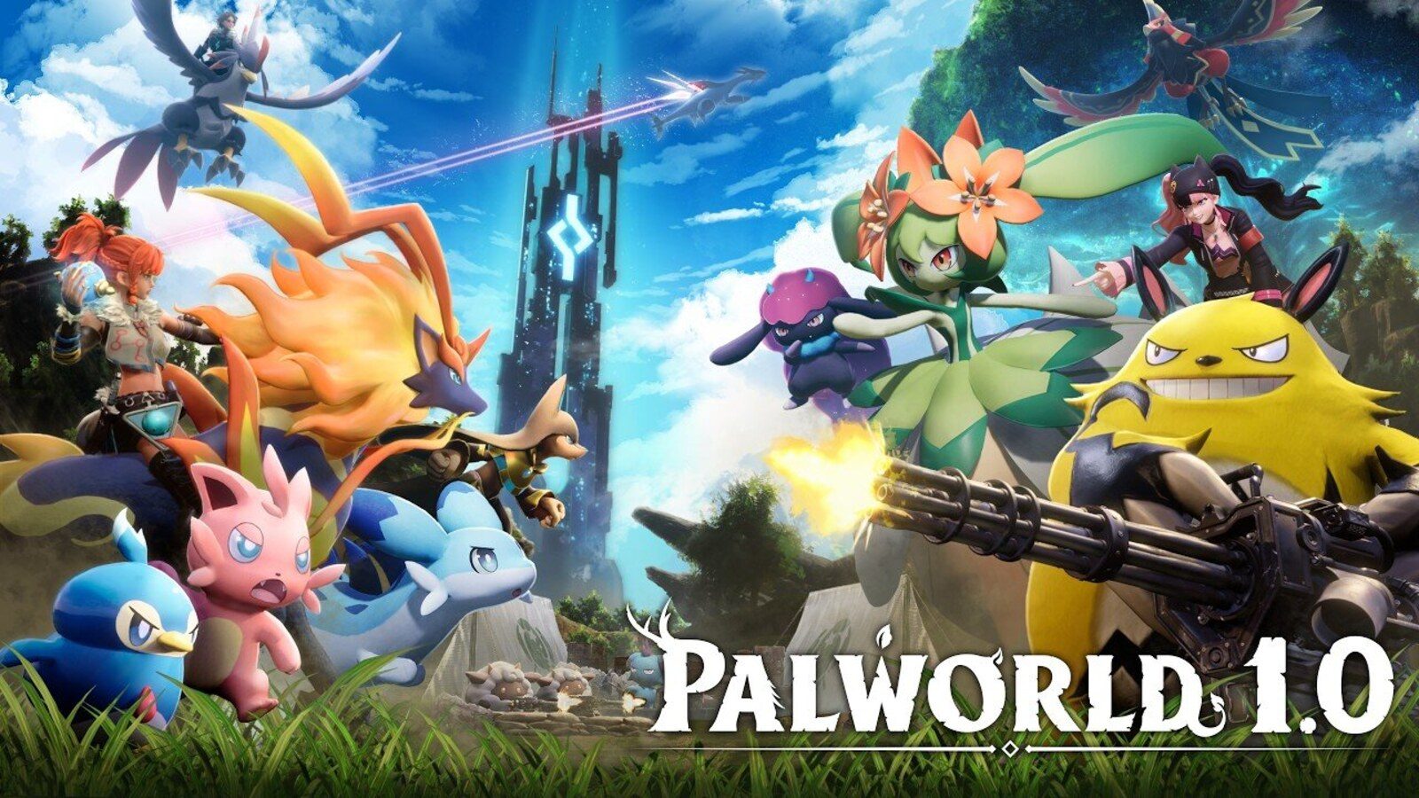 Palworld 1.0 key art showing a dozen Pals and their trainers in front of a tower in the middle of the island
