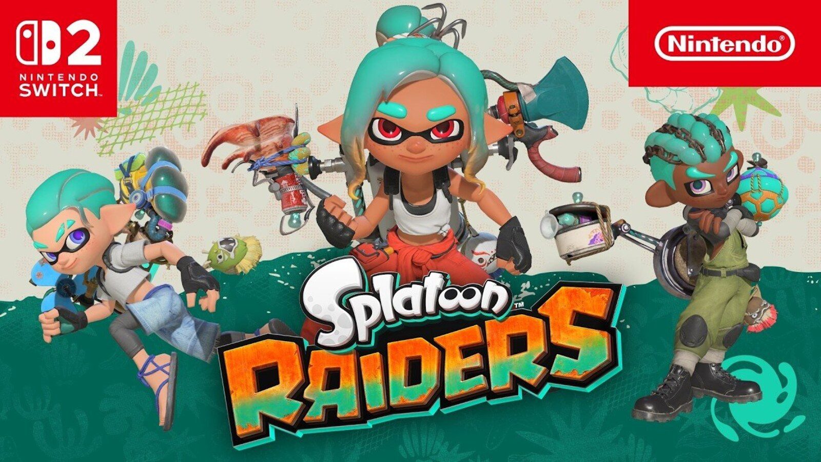 Splatoon Raiders key art with three Inkling and Octoling characters carrying mechanic gear above the game logo