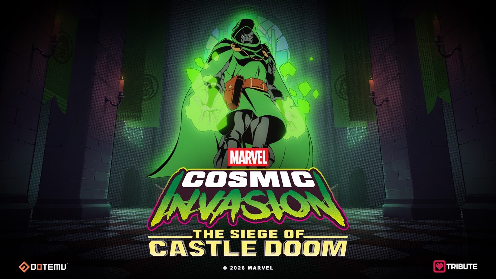 Doctor Doom looms over the key art for MARVEL Cosmic Invasion's second DLC, The Siege of Castle Doom