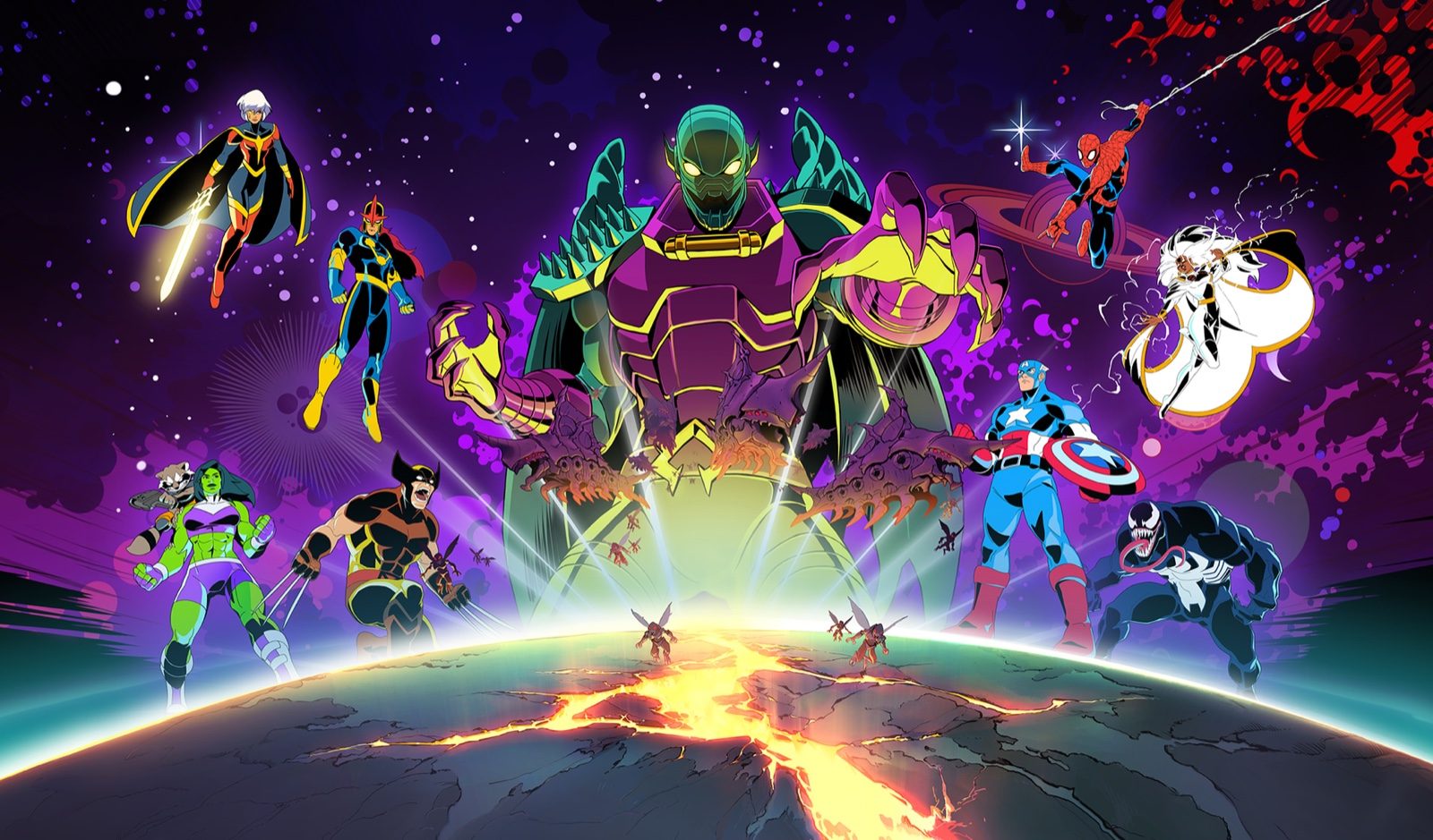 Annihilus towers above several heroes from MARVEL Cosmic Invasion's original roster