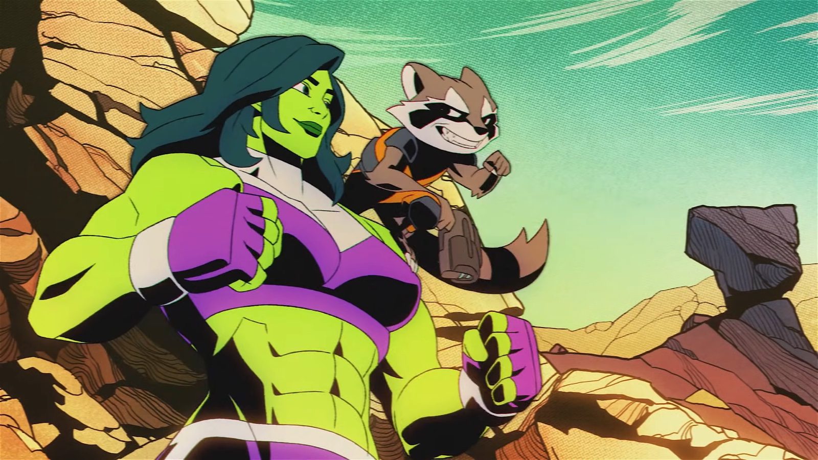She-Hulk and Rocket Raccoon travel together in a MARVEL Cosmic Invasion scene