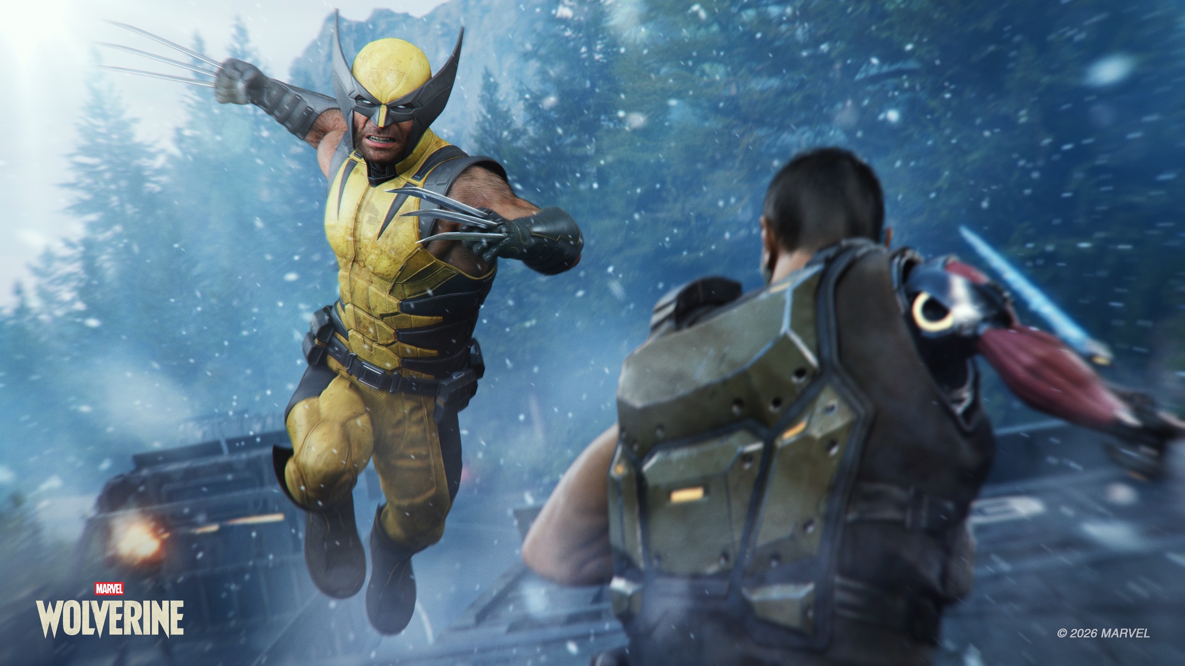 Wolverine in his yellow suit attacks two enemies during a convoy assault