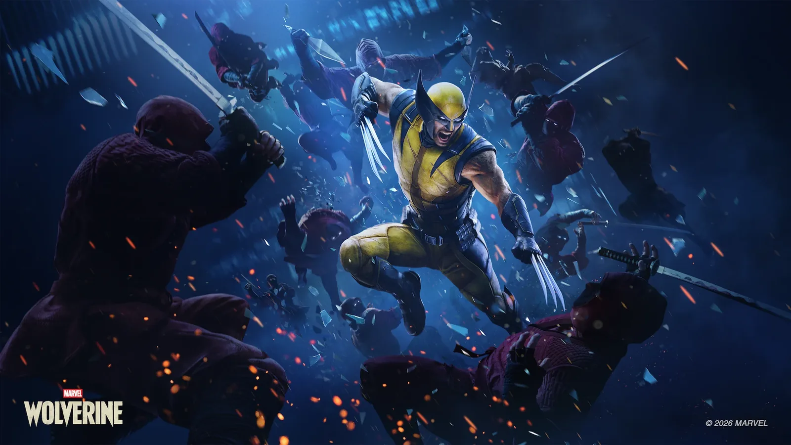 Wolverine leaps with his claws extended while fighting ninjas from The Hand
