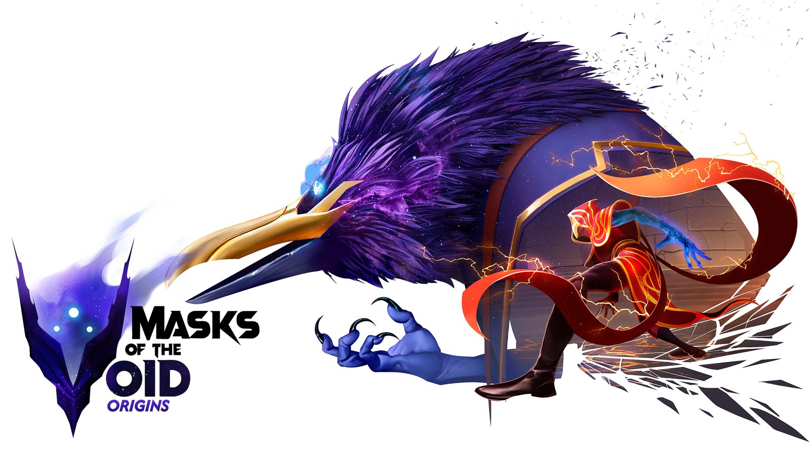 Arte oficial de Masks of the Void: Origins con una criatura del Vacío y una heroína de listones rojos