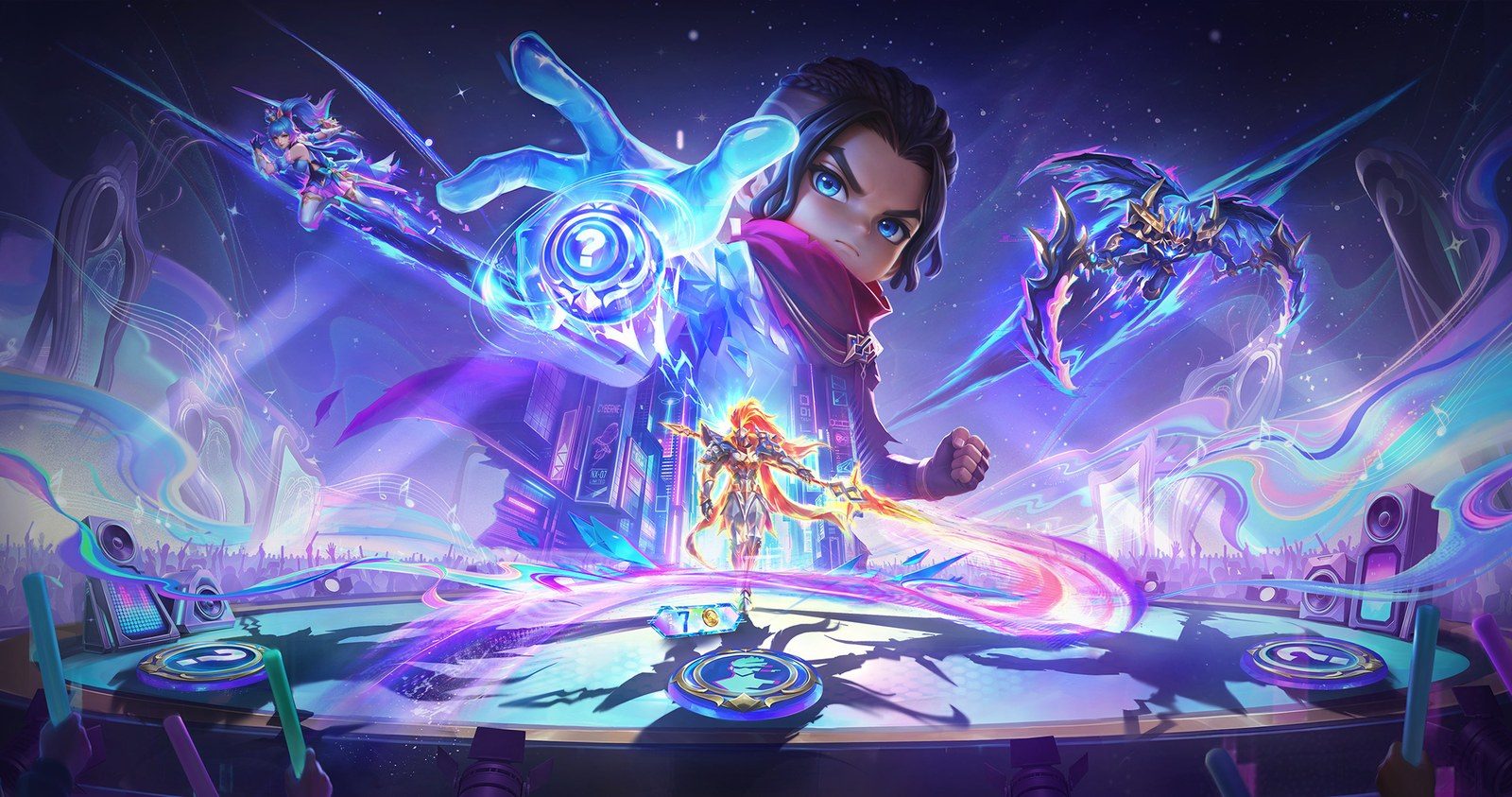 Key art for Magic Chess: Go Go Season 7, Chrono Echoes, with a commander over the stage
