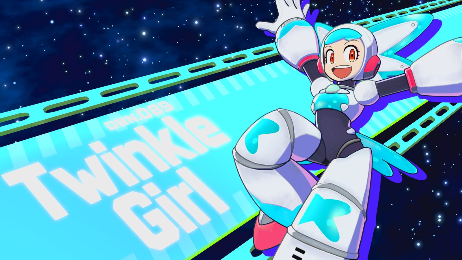 Mega Man con una armadura azul y dorada del sistema de Override