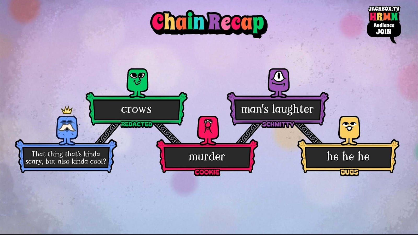 Pantalla promocional Chain Recap de MegaPals con una propuesta conectada a cuatro respuestas en inglés