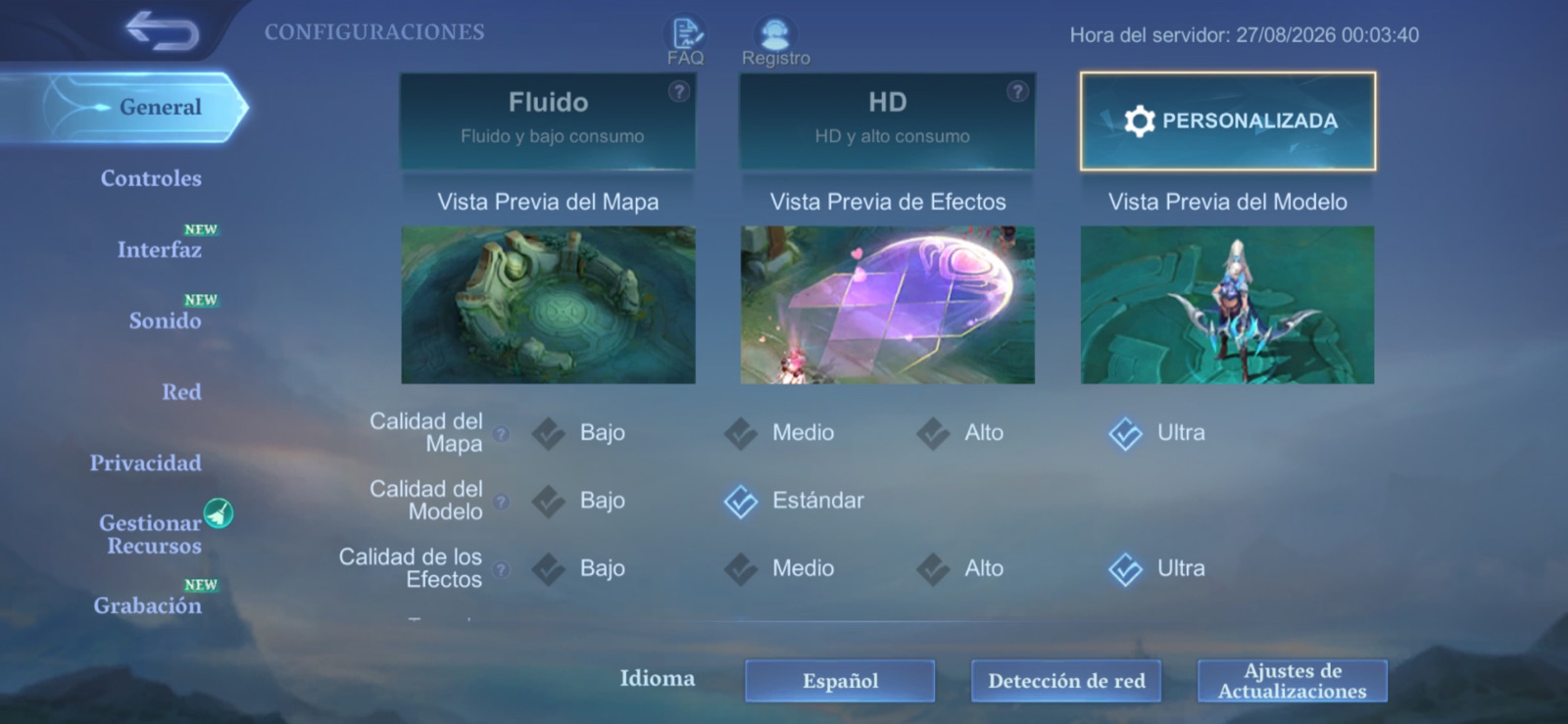 Mobile Legends graphics menu showing Smooth, HD and Custom profiles