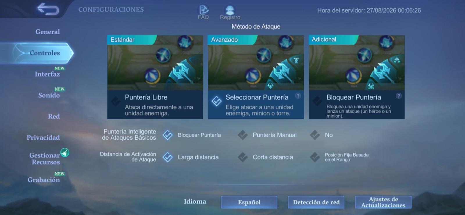 Mobile Legends controls menu showing the three available targeting methods