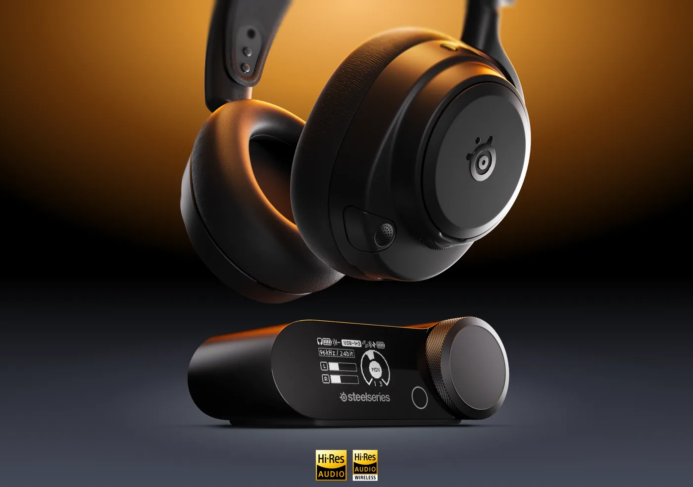 SteelSeries Arctis Nova Pro Omni beside its GameHub base station