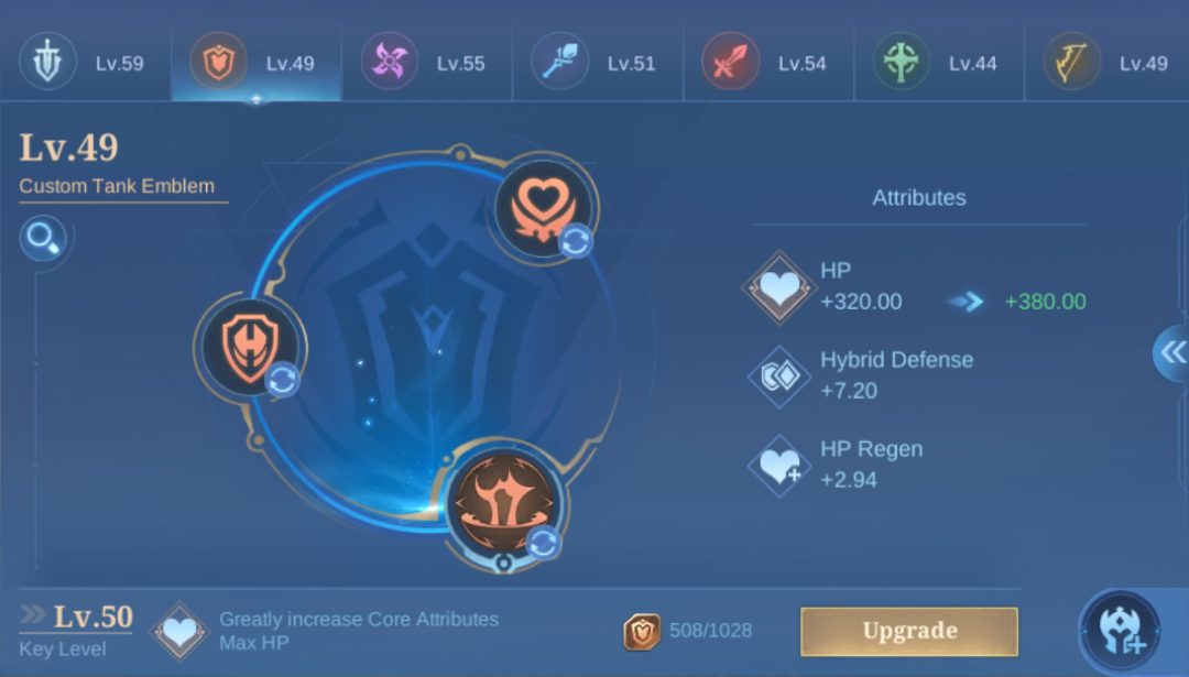 Pantalla de mejora de un emblema de tanque personalizado en Mobile Legends