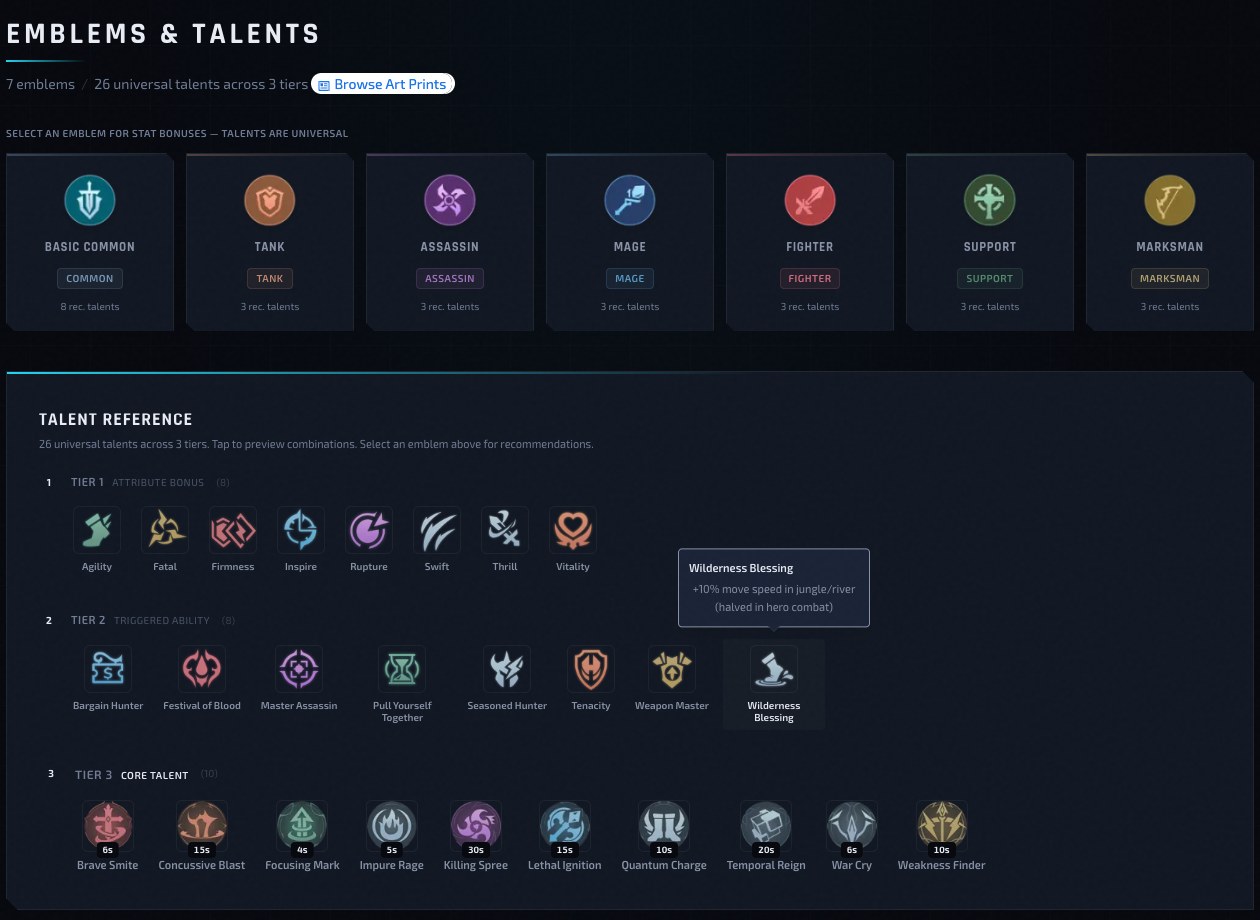 MLBB.Tools catalog showing seven emblems and Mobile Legends talents
