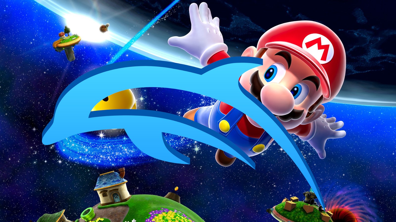 The Dolphin emulator logo over a Super Mario Galaxy image