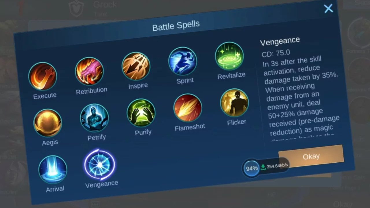 Mobile Legends battle spell screen with Vengeance selected and its description on the right