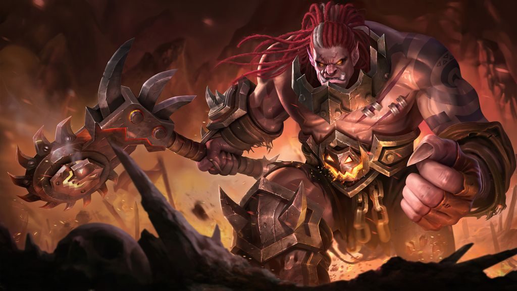 Splash art oficial de Balmond avanzando con su hacha entre llamas en Mobile Legends