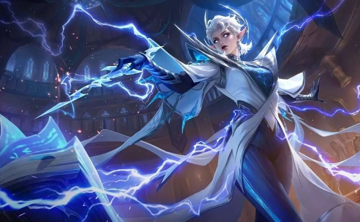 Splash art oficial de Eudora invocando relámpagos con su grimorio en Mobile Legends