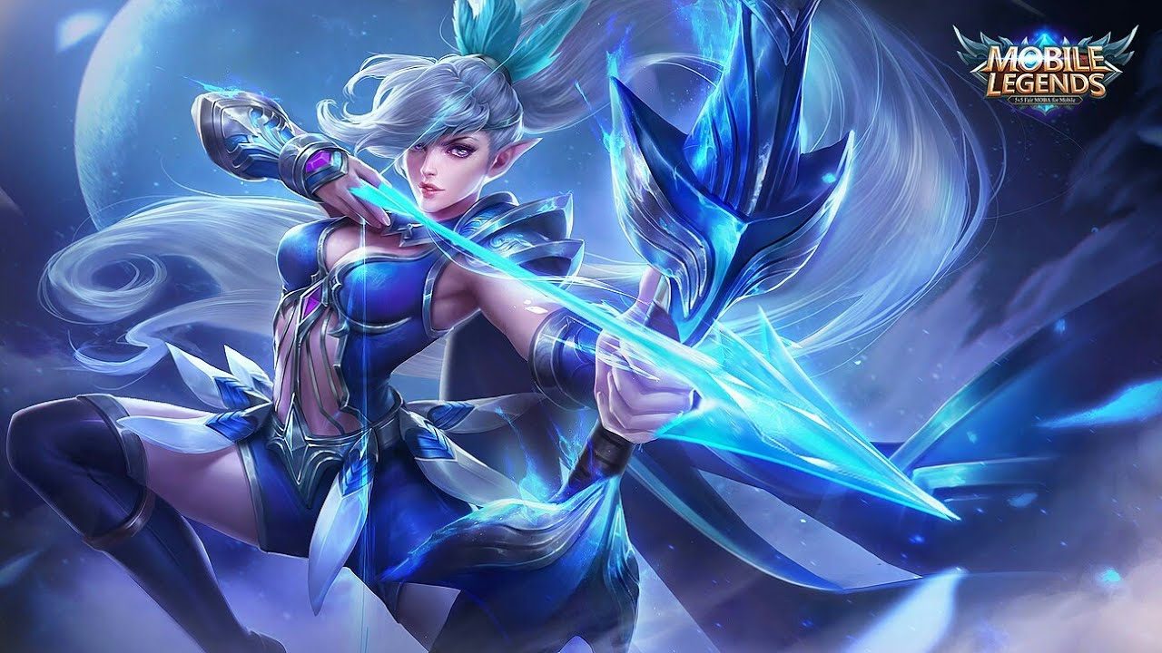Splash art oficial de Miya apuntando con su arco de luz lunar en Mobile Legends