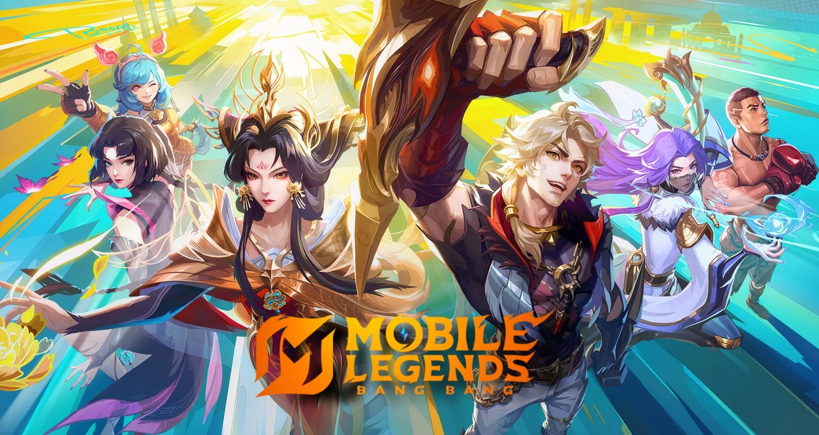 Arte oficial de Mobile Legends: Bang Bang con varios héroes avanzando hacia la cámara