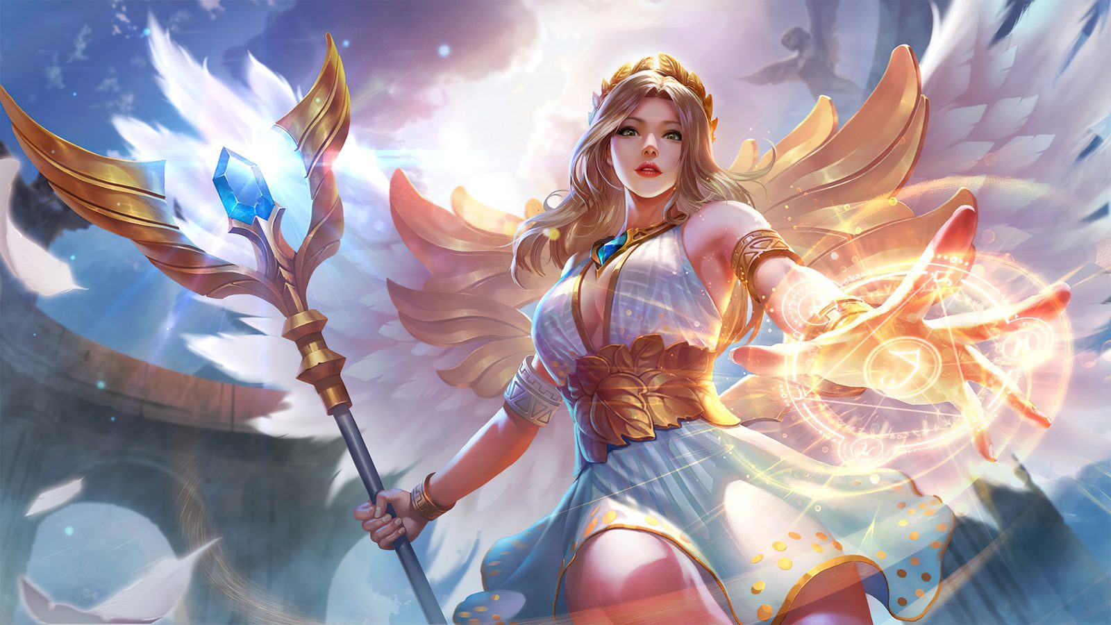 Splash art oficial de Rafaela desplegando sus alas doradas en Mobile Legends
