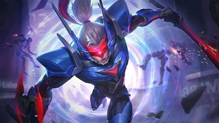Splash art de la skin futurista de Saber lanzándose al ataque en Mobile Legends